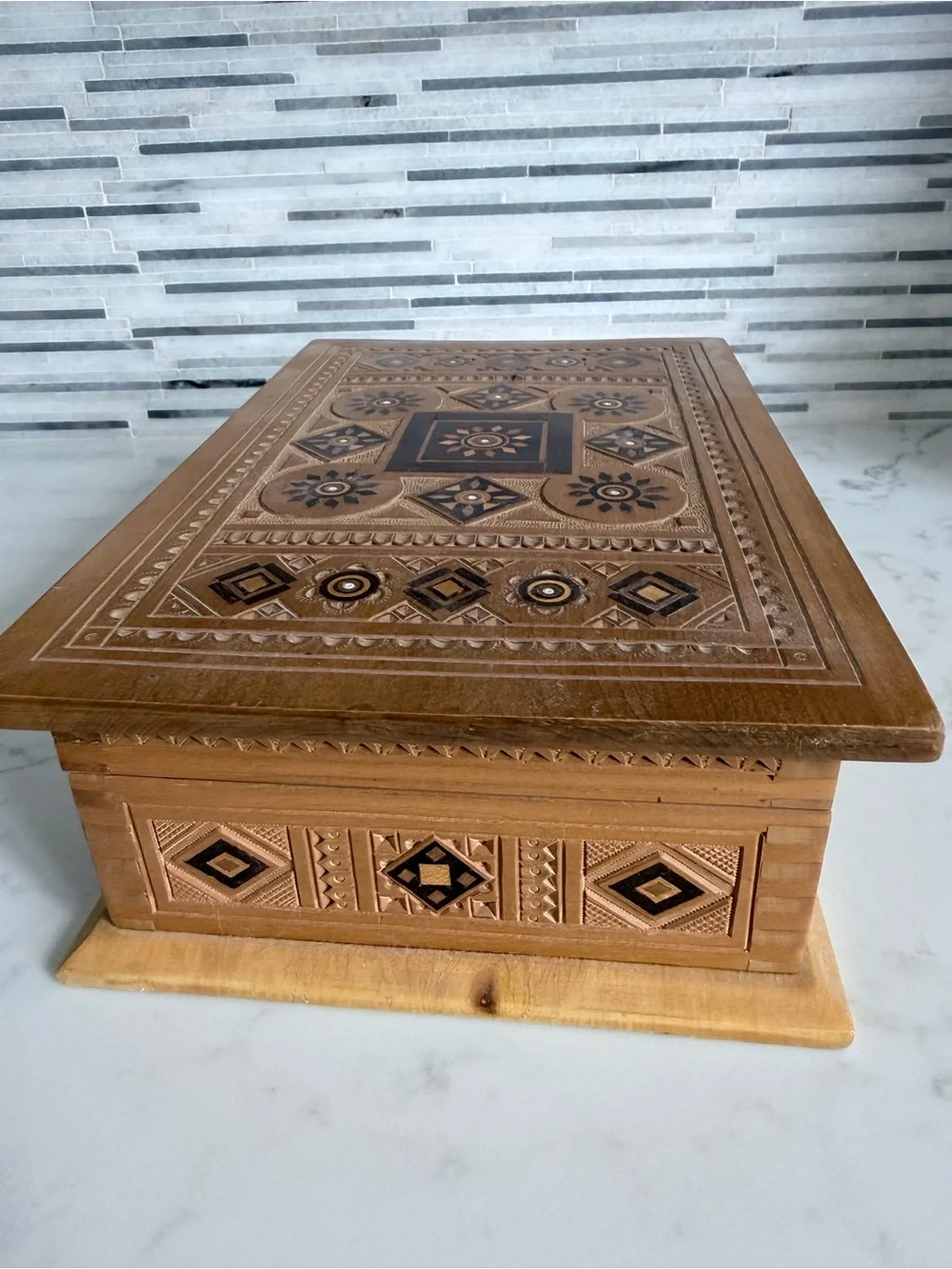 Vintage Hand Made Carved Wood Inlay Decorative Box - Brown & Black Accent